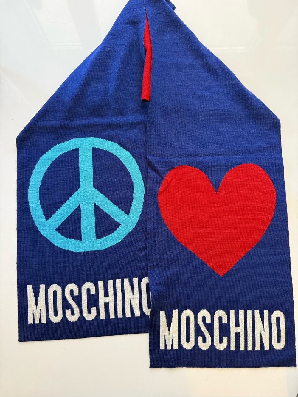 Moschino Peace & Love Wool Blend Knit Scarf Red & Blue